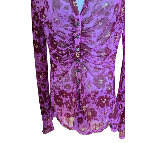 Free People Sheer Ruched Button Down Purple Floral Mesh Blouse coquette colorful - Picture 2 of 7